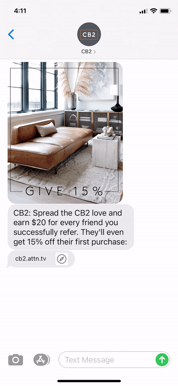 CB2 Text Message Marketing Example - 09.29.2020