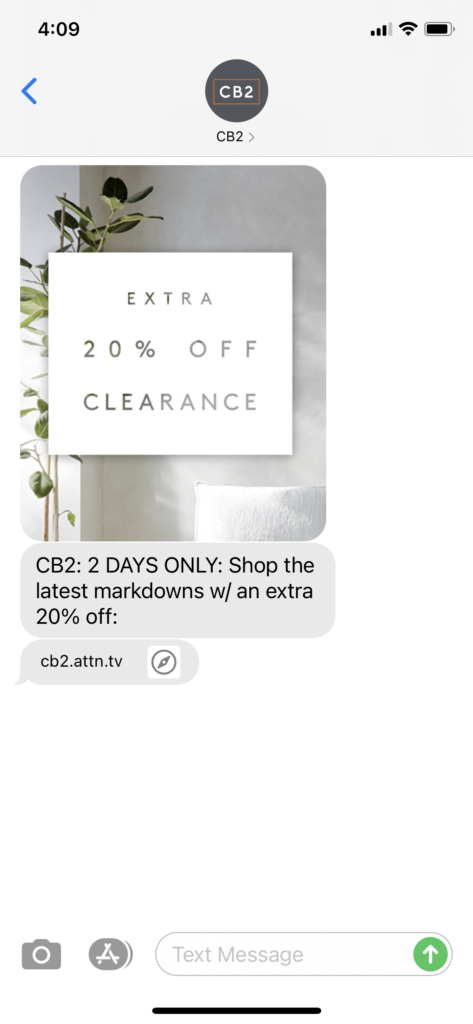 CB2 Text Message Marketing Example - 10.13.2020