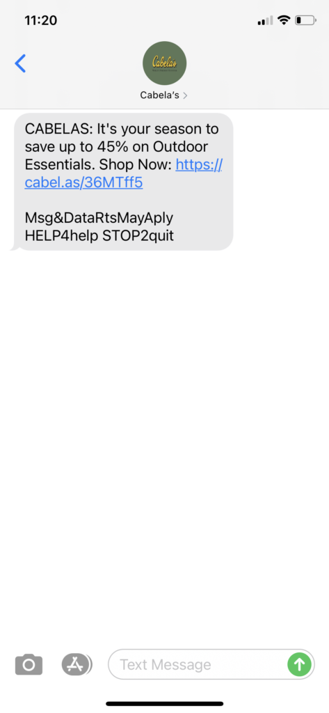 Cabela's Text Message Marketing Example - 10.09.2020