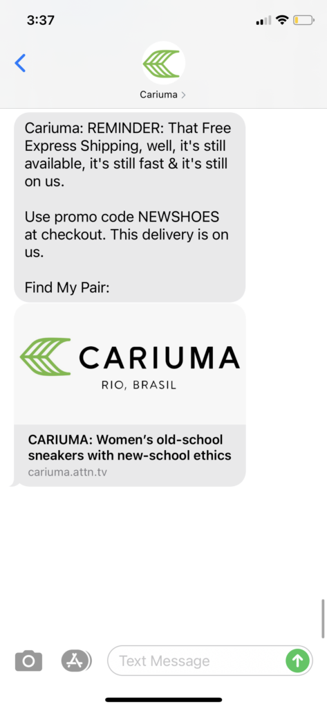 Cariuma Text Message Marketing Example - 10.04.2020