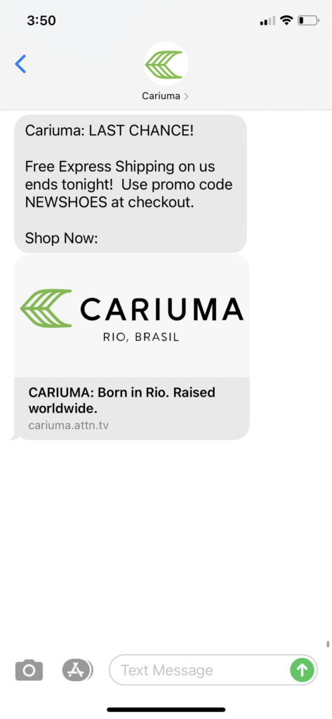 Cariuma Text Message Marketing Example - 10.07.2020