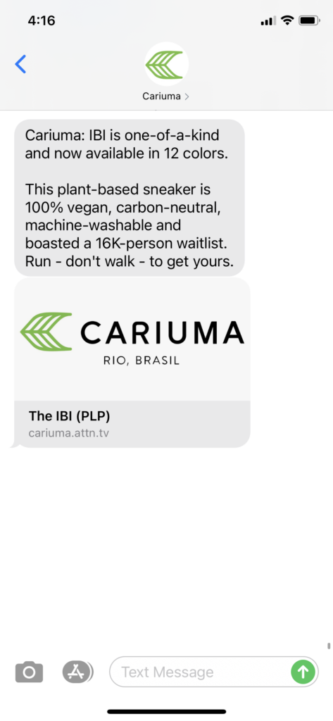 Cariuma Text Message Marketing Example - 10.13.2020
