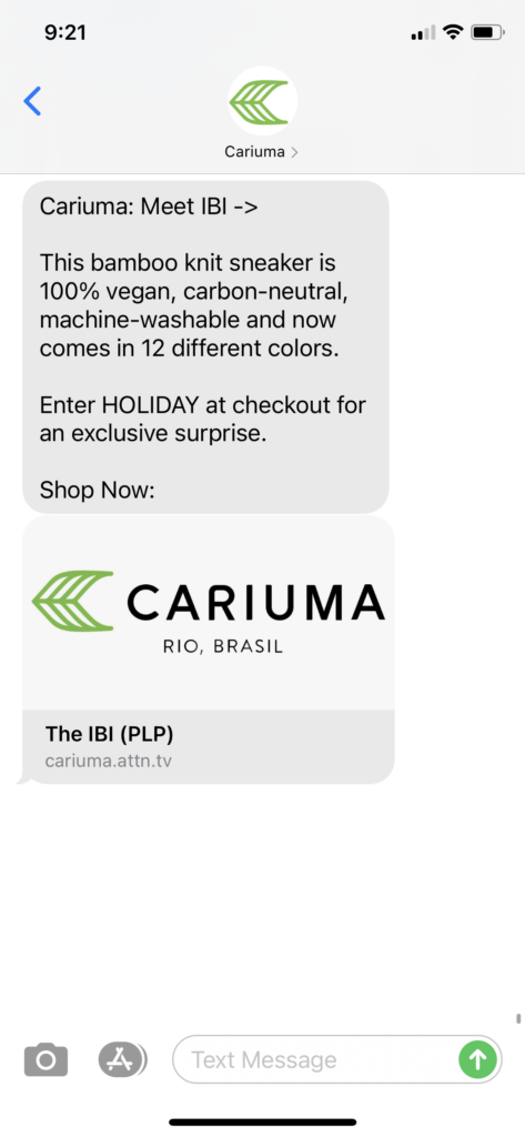 Cariuma Text Message Marketing Example - 10.26.2020