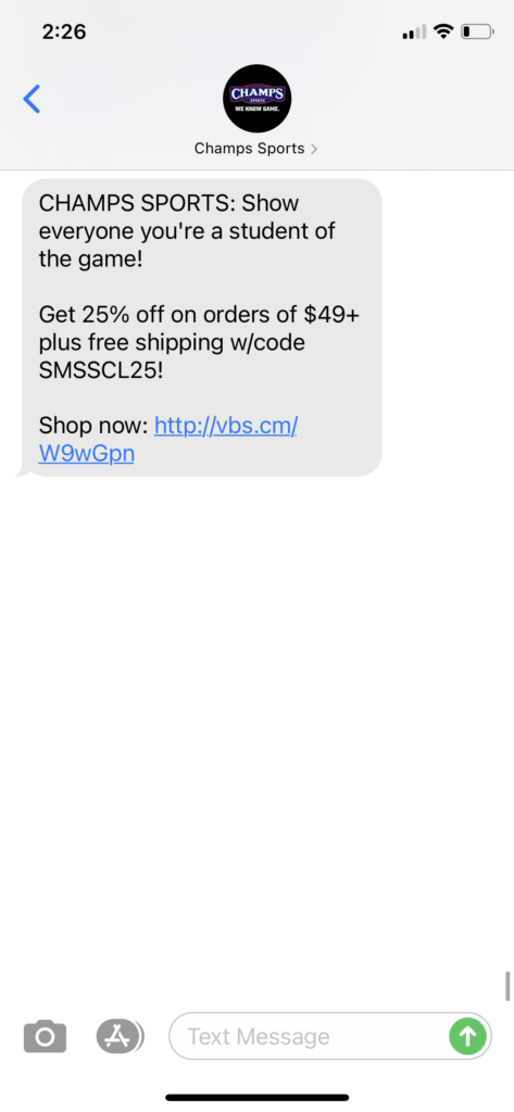 Champs Sports Text Message Marketing Example - 8.14.2020