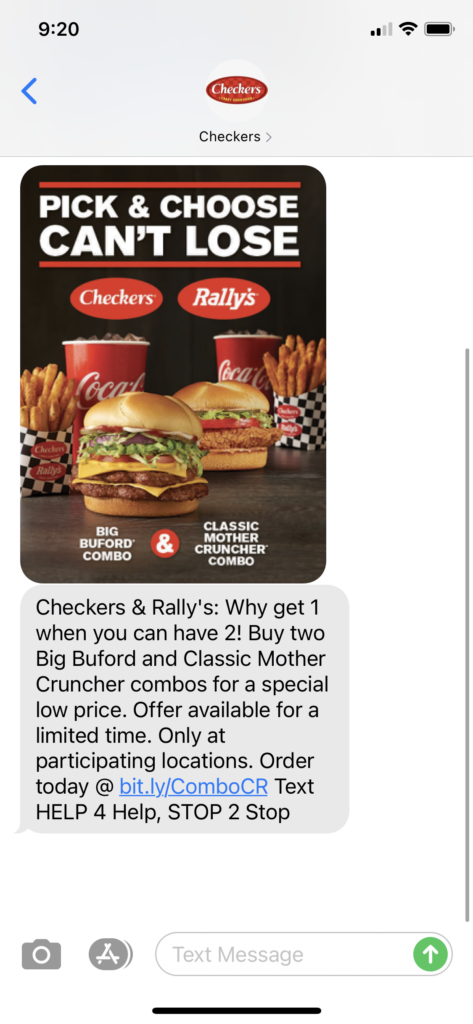 Checkers Text Message Marketing Example - 10.21.2020