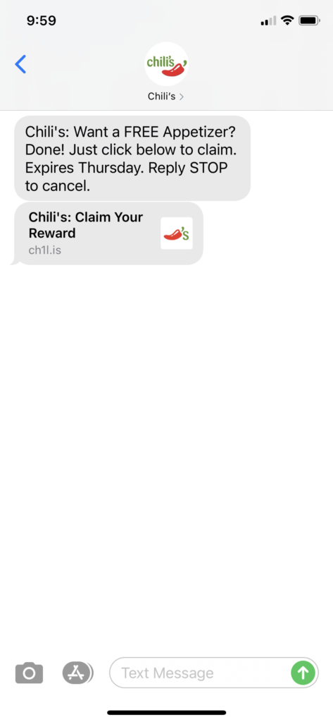 Chilis Text Message Marketing Example - 10.19.2020
