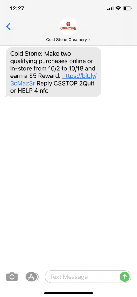 Cold Stone Creamery Text Message Marketing Example - 10.02.2020