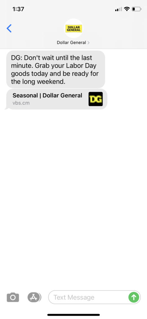 Dollar General Text Message Marketing Example - 9.03.2020