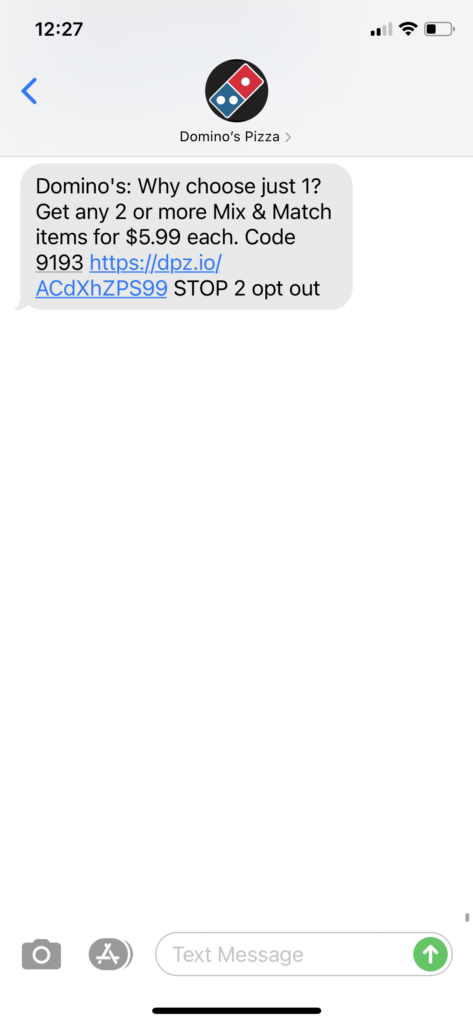 Domino's Pizza Text Message Marketing Example - 10.02.2020