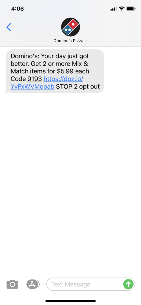 Domino's Pizza Text Message Marketing Example - 10.13.2020