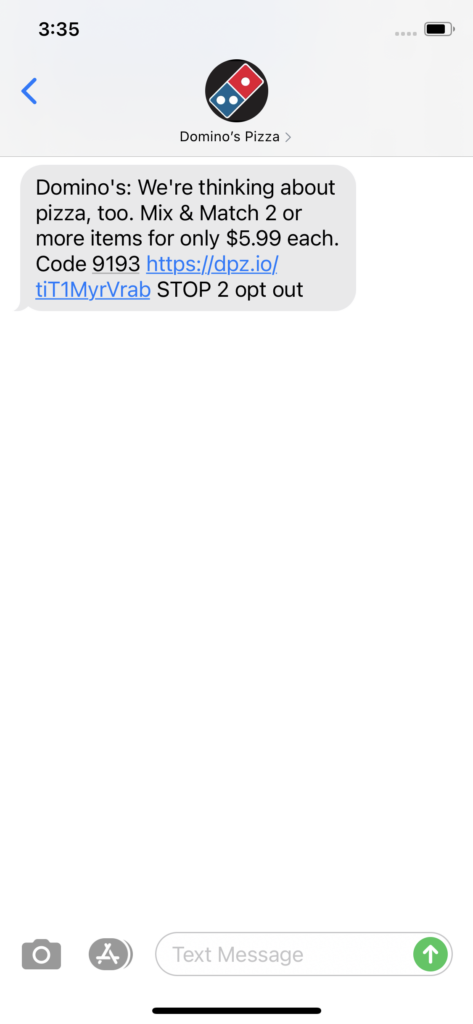 Domino's Pizza Text Message Marketing Example - 10.16.2020