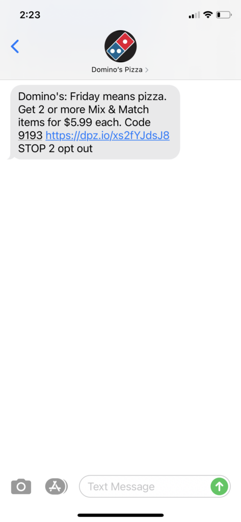 Domino's Pizza Text Message Marketing Example - 8.14.2020