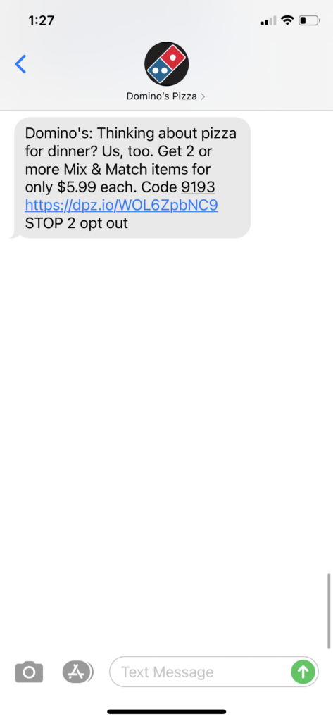 Domino's Pizza Text Message Marketing Example - 9.11.2020