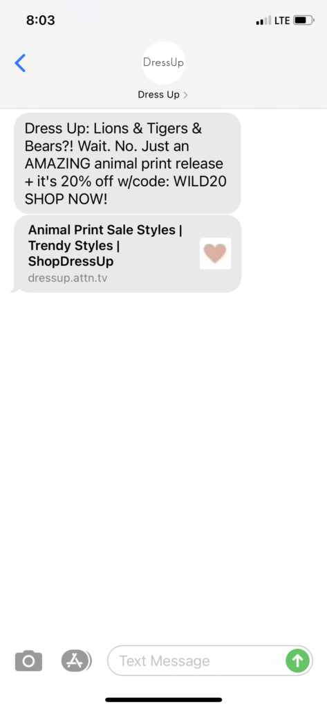 Dress Up Text Message Marketing Example - 10.22.2020