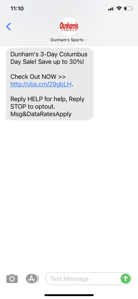 Dunham's Sports Text Message Marketing Example - 10.10.2020
