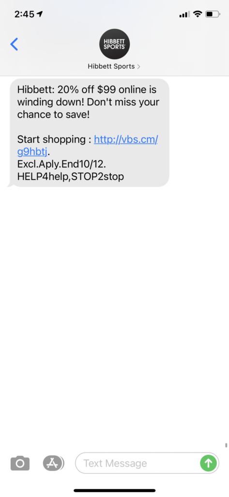 Hibbet Sports Text Message Marketing Example - 10.12.2020