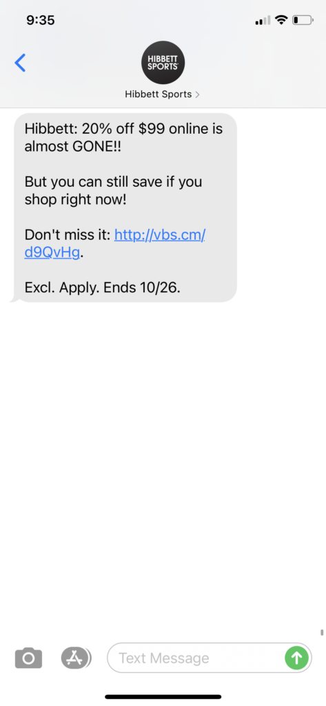 Hibbet Sports Text Message Marketing Example - 10.26.2020