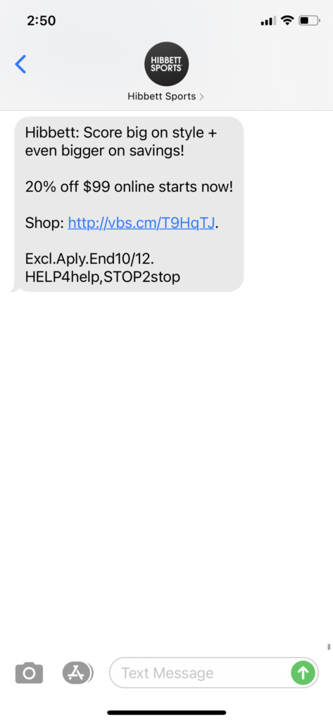 Hibbet Spports Text Message Marketing Example - 10.11.2020
