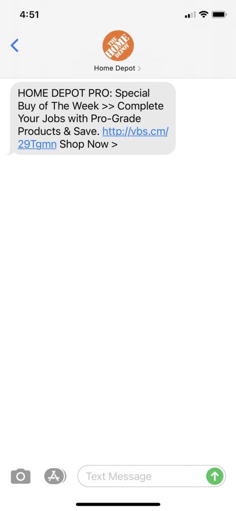 Home Depot Text Message Marketing Example - 10.26.2020