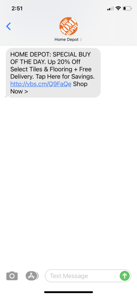 Home Depot Text Message Marketing Example2- 10.08.2020