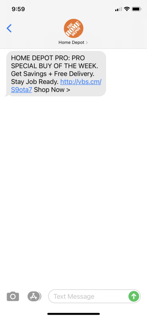 Home Depot Text Message Marketing Example2 - 10.19.2020