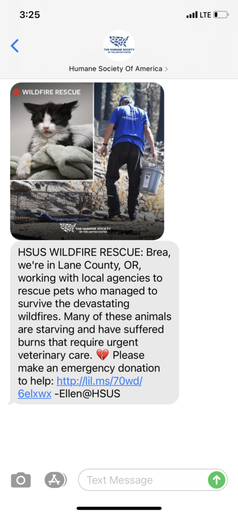 Humane Society of America Text Message Marketing Example - 09.30.2020.png