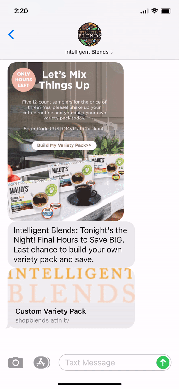 Intelligent Blends Text Message Marketing Example - 09.18.2020