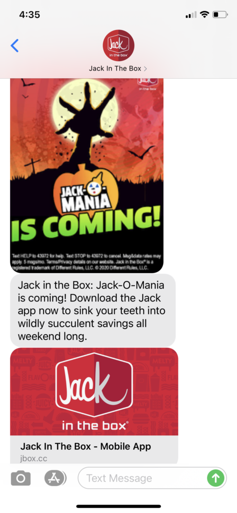 Jack in the Box Text Message Marketing Example - 10.27.2020