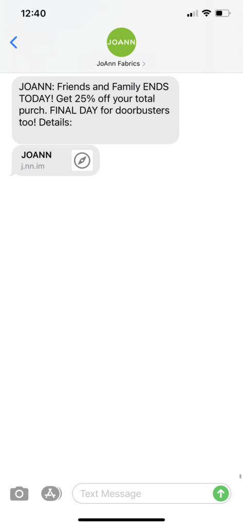 JoAnn Fabrics Text Message Marketing Example - 10.03.2020
