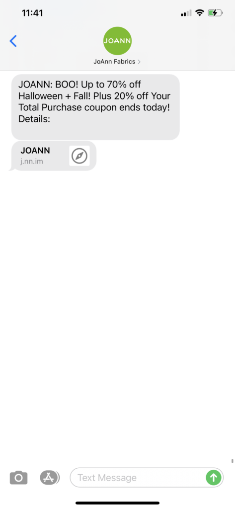 JoAnn Fabrics Text Message Marketing Example - 10.10.2020