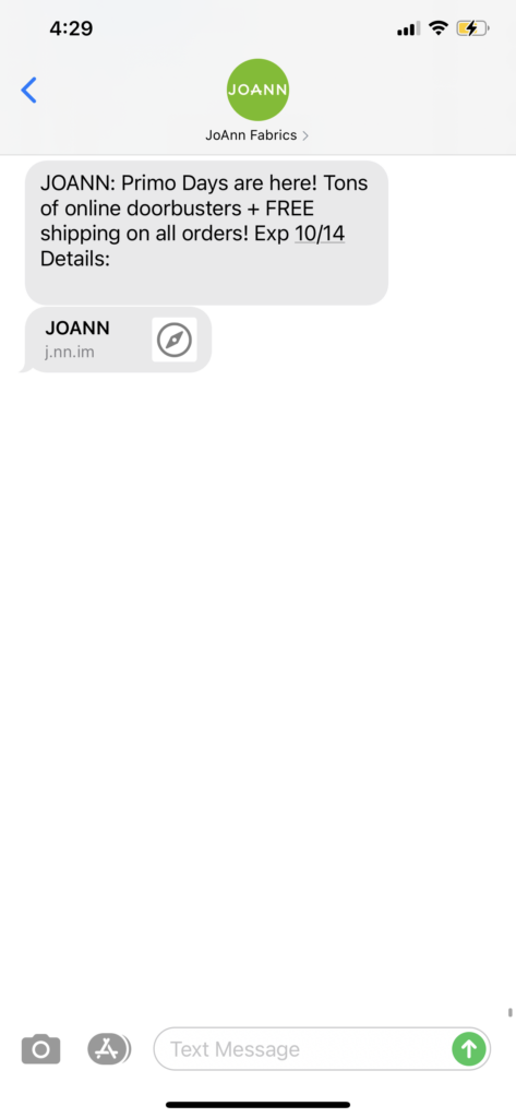 JoAnn Fabrics Text Message Marketing Example - 10.13.2020