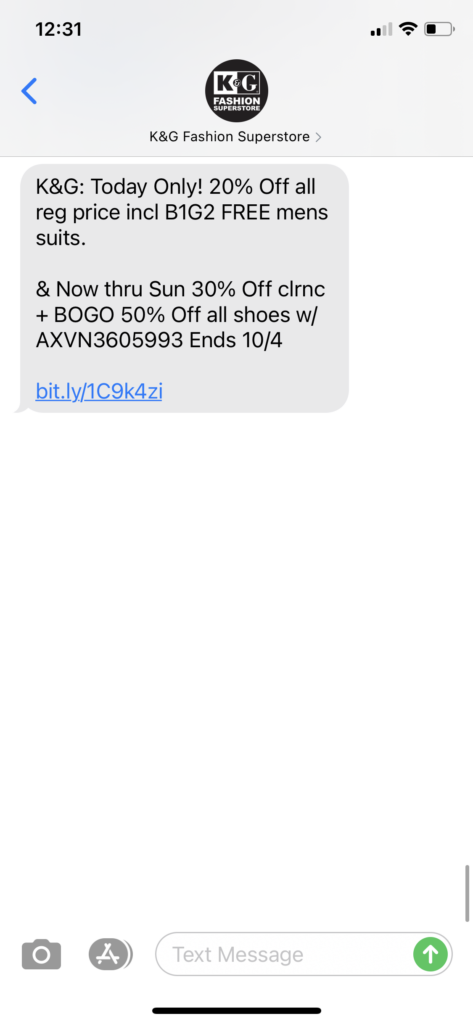 K&G Fashion Superstore Text Message Marketing Example - 10.02.2020