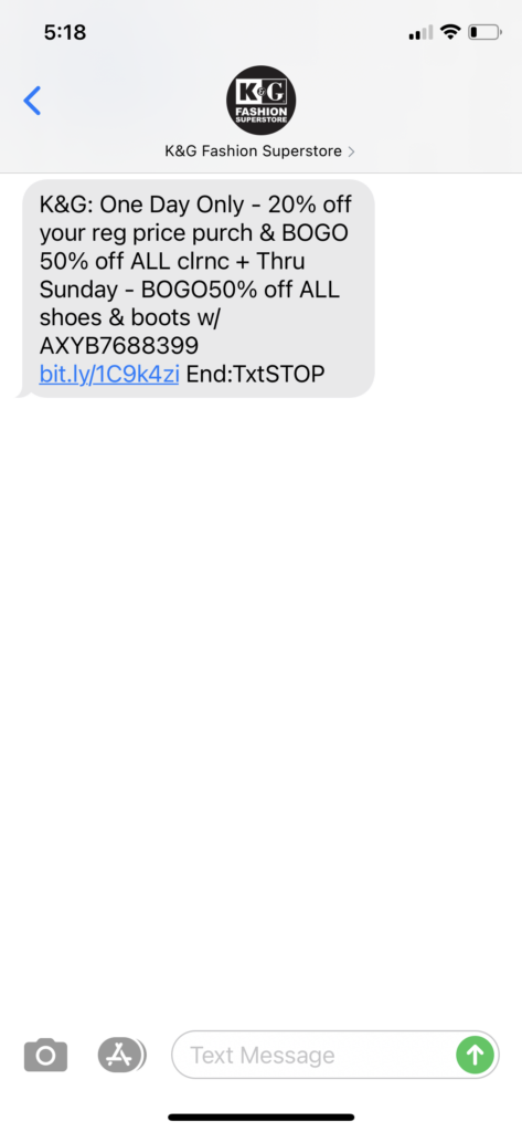 K&G Fashion Superstore Text Message Marketing Example - 10.23.2020