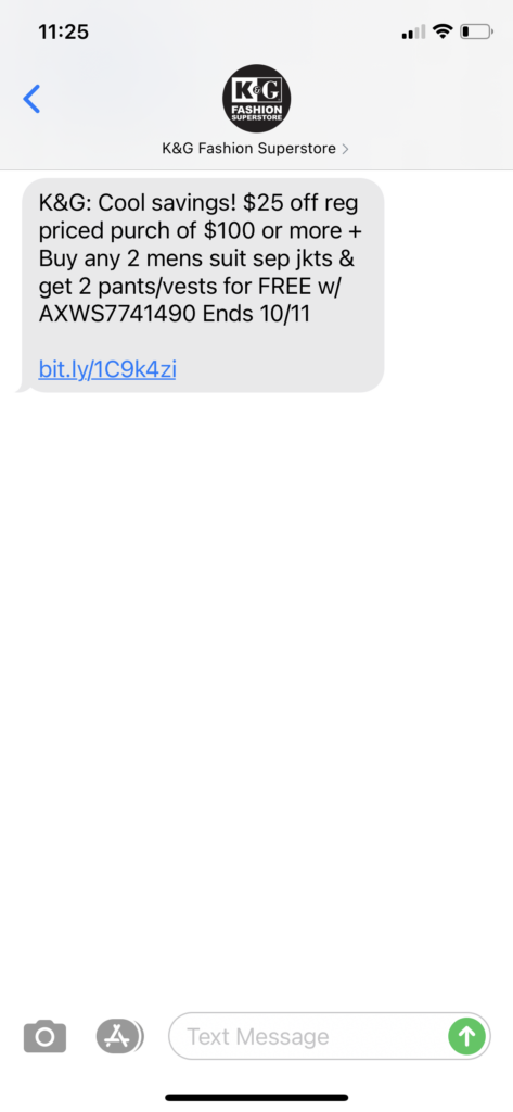 K&G Superstore Text Message Marketing Example - 10.09.2020