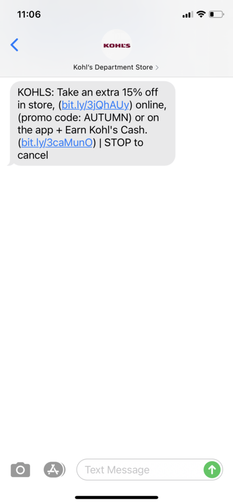 Kohl's Text Message Marketing Example - 10.10.2020