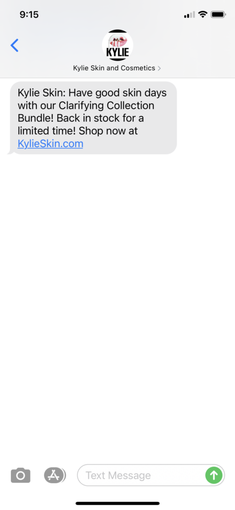 Kylie Skin and Cosmetics Text Message Marketing Example - 10.21.2020