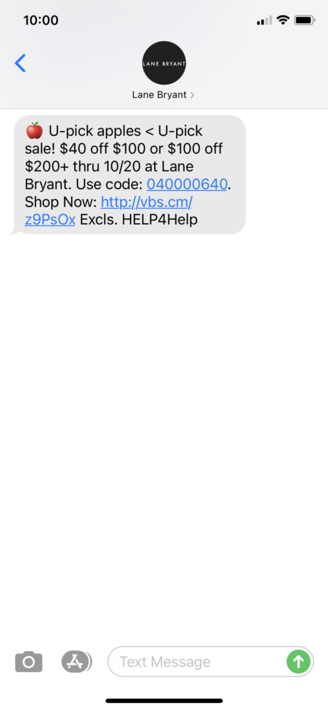 Lane Bryant Text Message Marketing Example - 10.19.2020