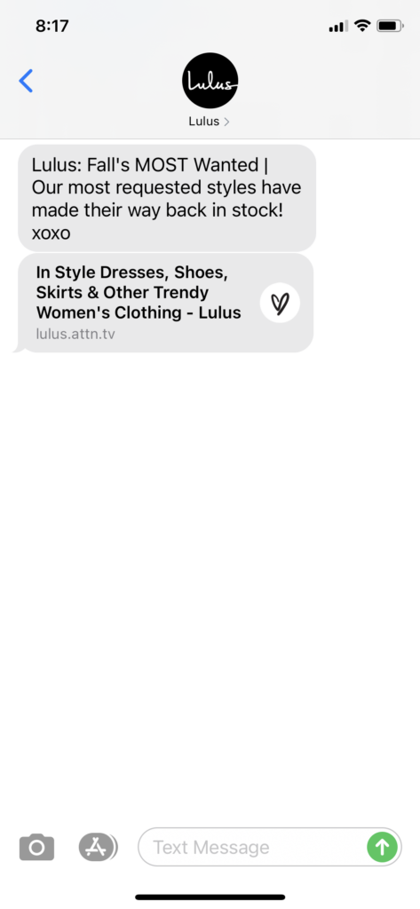 Lulus Text Message Marketing Example - 10.15.2020