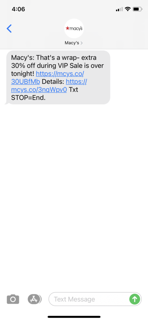 Macy's Text Message Marketing Example - 10.06.2020