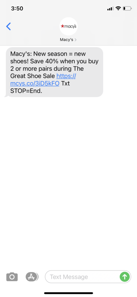 Macy's Text Message Marketing Example - 10.07.2020