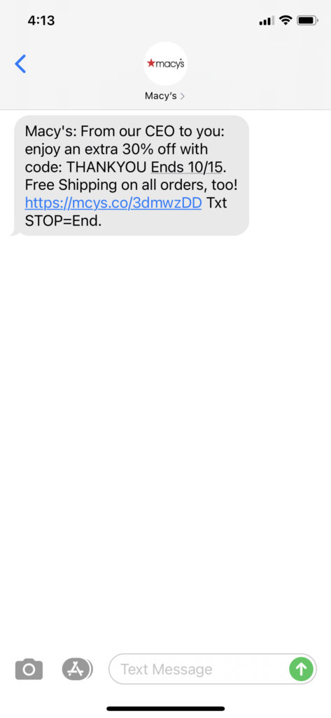 Macy's Text Message Marketing Example - 10.13.2020