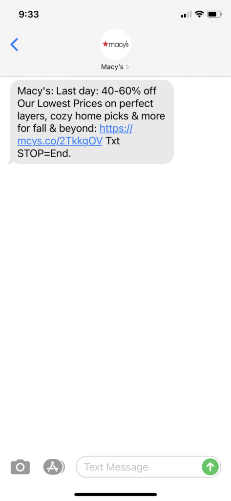 Macy's Text Message Marketing Example - 10.25.2020