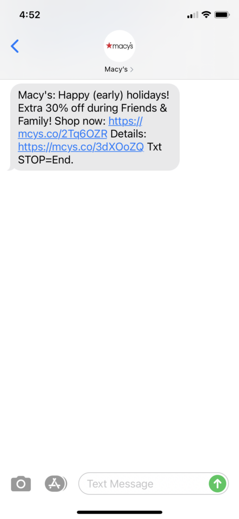 Macy's Text Message Marketing Example - 10.26.2020