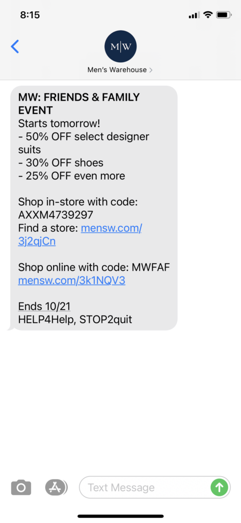 Men's Warehouse Text Message Marketing Example - 10.14.2020