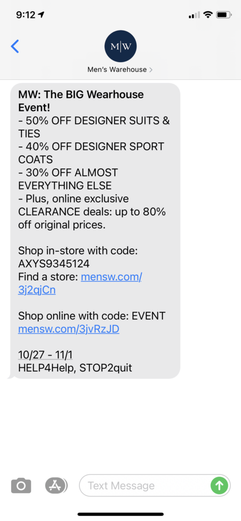 Men's Warehouse Text Message Marketing Example - 10.27.2020