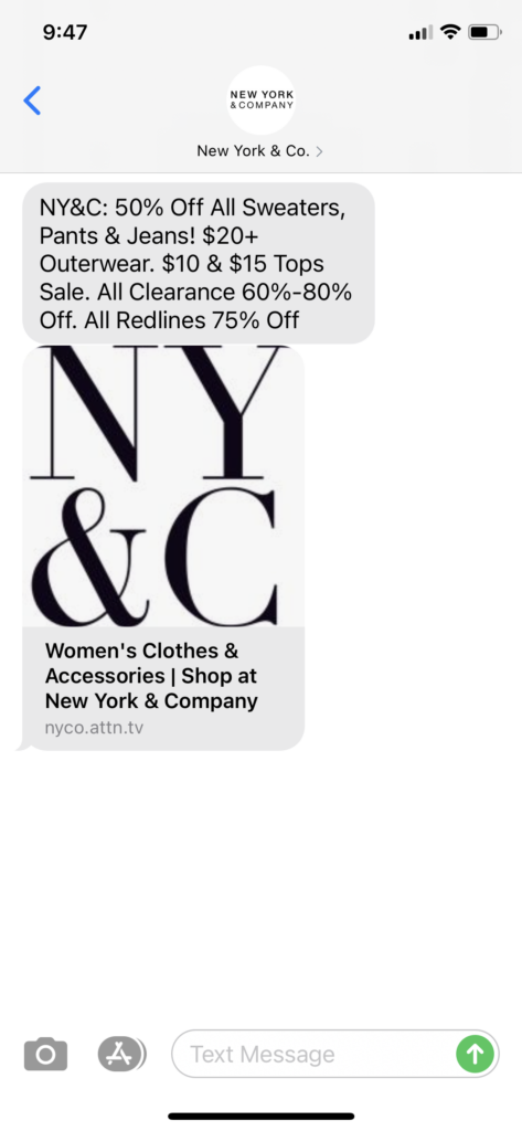 New York and Co Text Message Marketing Example - 10.24.2020