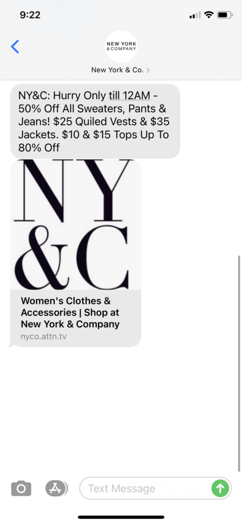 New York and Co. Text Message Marketing Example - 10.25.2020