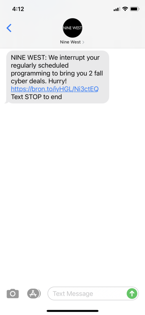 Nine West Text Message Marketing Example - 10.13.2020