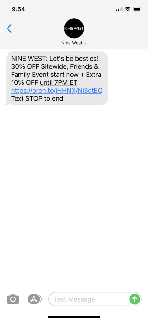 Nine West Text Message Marketing Example - 10.19.2020