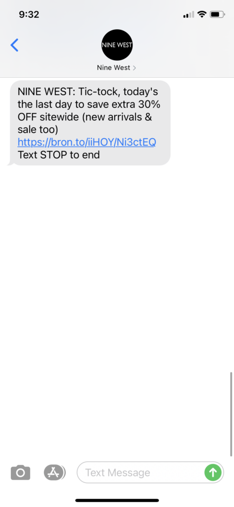 Nine West Text Message Marketing Example - 10.25.2020